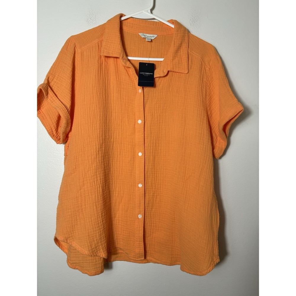 NEW! Lucky Brand Button Up Crushed Cotton Short Sleeve Shirt Sz M Orange Classic